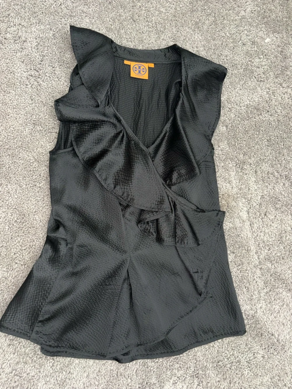 TORY BURCH Black  Kathleen Silk Ruffled V Neck Sleeveless Blouse Size 10